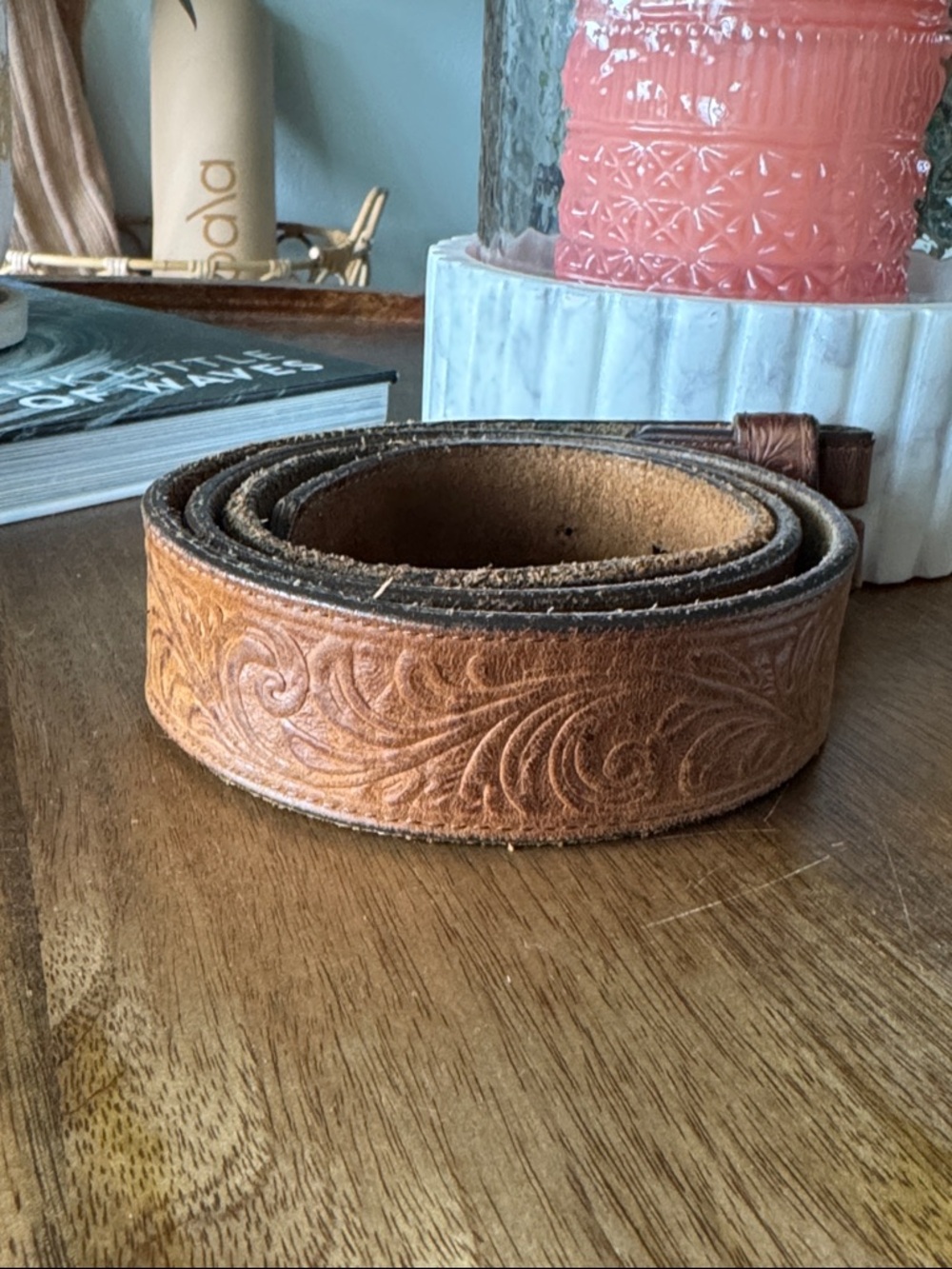 Silver Creek Tooled Leather Belt Brown Western Made USA 43”